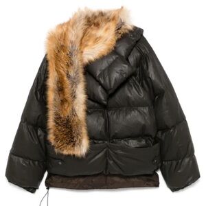 Women's Black Puffer Jacket with Faux Fur Trim